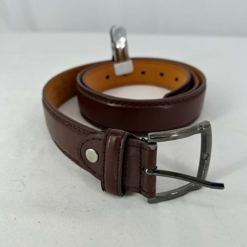 Mens Brown Leather Belt XL 42-44 Genuine Leather Silver Tone Buckle Classic
